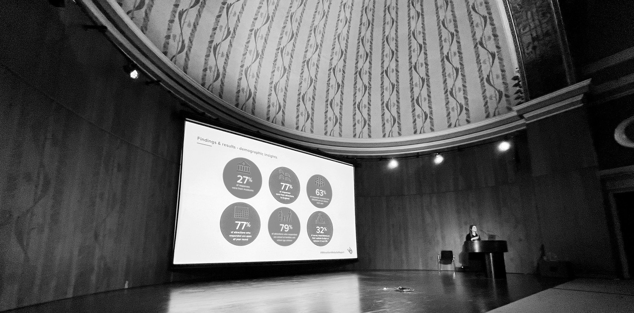 Kelly speaking on stage in front of a large screen at the V&A Museum.